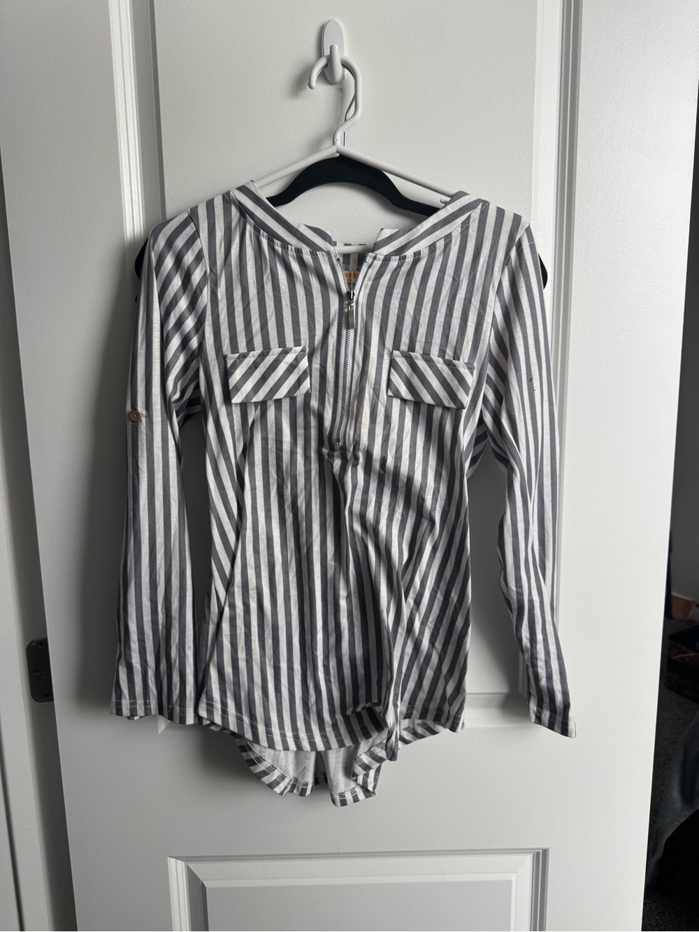 Baikea Gray and White Striped Hooded Zip Pullover
